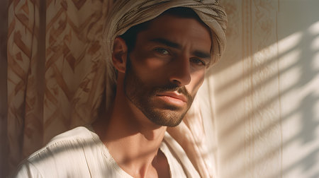 Portrait of a handsome man with a turban on his head.の素材