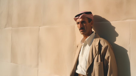 Arabic man in a beige coat on a background of a wallの素材