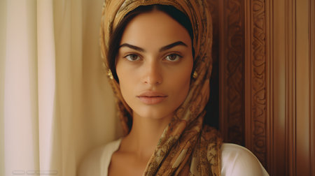 Portrait of a beautiful young woman with a headscarf.の素材