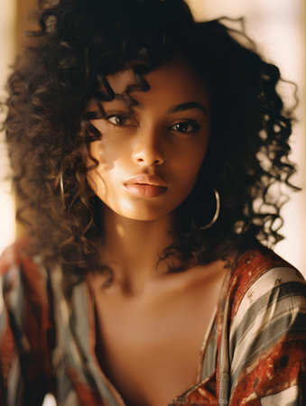 fashion interior photo of beautiful sensual woman with dark curly hair in elegant dressの素材