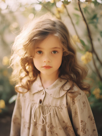 Portrait of a beautiful little girl with long curly hair in a dress.の素材