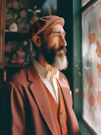 Portrait of a bearded man in a beret and coat in a cafeの素材