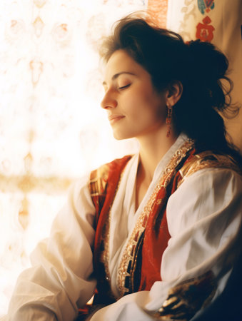 young pretty woman in bavarian embroidery sitting at windowの素材