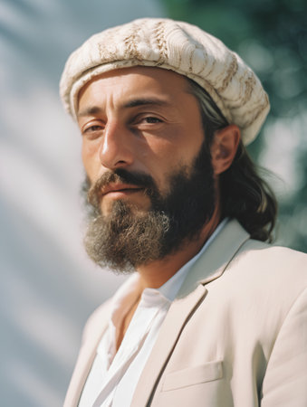 Portrait of a handsome bearded man in a white jacket and hatの素材
