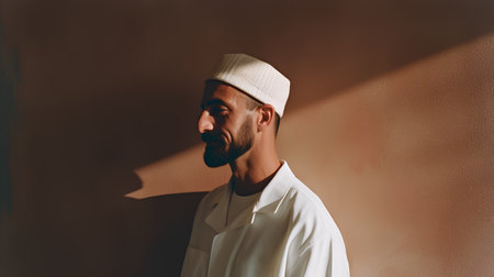 Portrait of a Muslim man in a white T-shirt and hatの素材