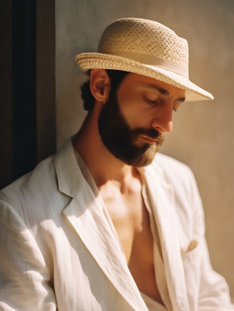 Handsome young man in white shirt and straw hat. Portraitの素材