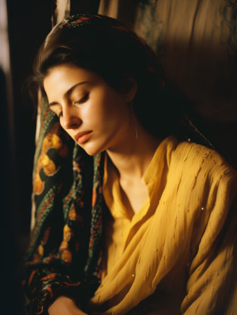 Portrait of a beautiful young woman with long brown hair in a shawl.の素材
