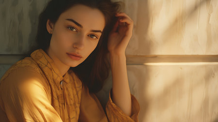 Portrait of a beautiful young woman in a yellow blouse.の素材
