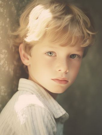 Portrait of a cute little boy with blond hair looking at cameraの素材