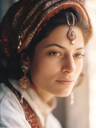Portrait of a beautiful young woman in a turban and white shirtの素材