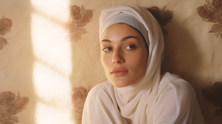 Beautiful muslim woman in hijab looking away while lying on bed at homeの素材