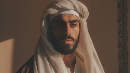 Portrait of a handsome Muslim man in a white robe and turban.の素材