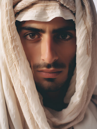 Portrait of a handsome Arabian man wrapped in a white blanket.の素材