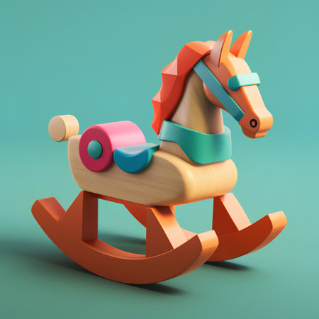 Wooden toy rocking horse. 3d render illustration isolated on green backgroundの素材