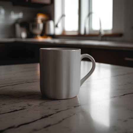 Coffee cup on the table in the kitchen at home.の素材
