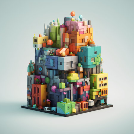 Abstract city with colorful buildings and skyscrapers 3d render on gray backgroundの素材