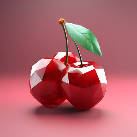 Red cherry with green leaf isolated on pink background. 3d renderの素材