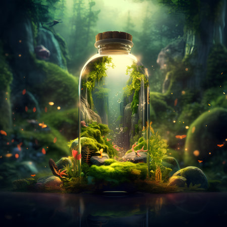 Glass jar with green plants inside. 3D illustration. Nature concept.の素材