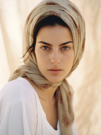 Portrait of a beautiful young woman in a headscarf.の素材
