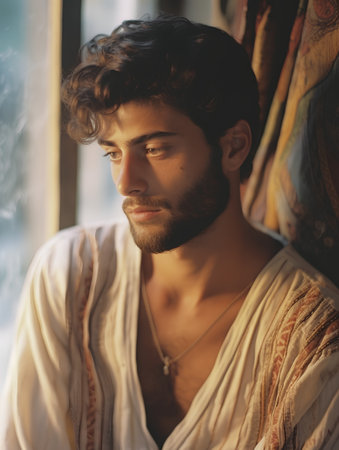 Portrait of a young handsome man looking out of the window.の素材