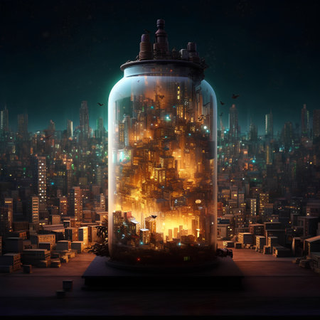 Cityscape in a glass bottle. 3D illustration. Elements of this image furnished by NASAの素材