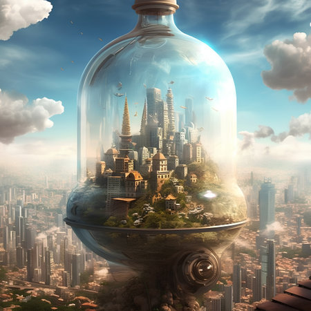 Cityscape inside a glass bottle floating in the air. 3D renderingの素材