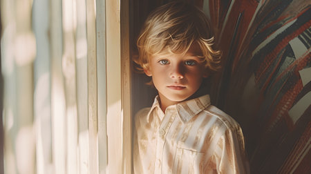 Cute little boy with blond hair and blue eyes looking out the window.の素材