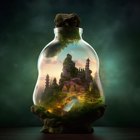 Magic world in a bottle with fantasy landscape. 3D Renderingの素材