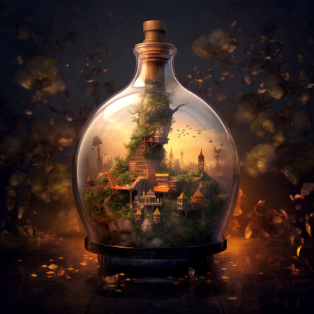 Magic potion in a bottle with a wooden house in the forest. Halloween conceptの素材