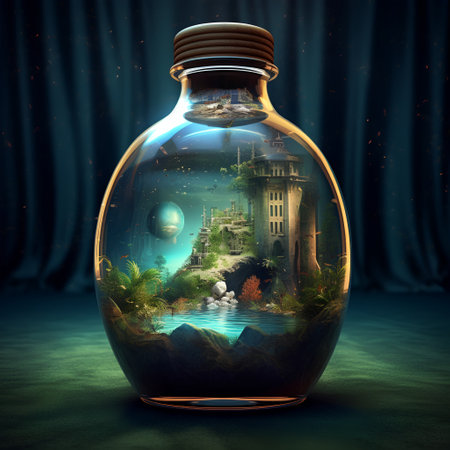 3d render of a magic potion in a glass bottle with a fantasy landscapeの素材
