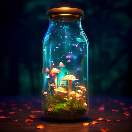 Magic mushrooms in a glass jar on a dark background. 3d renderingの素材