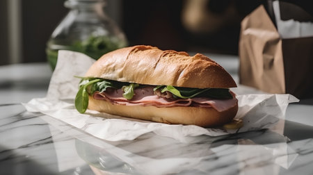 Sandwich with ham, cheese and arugulale tableの素材