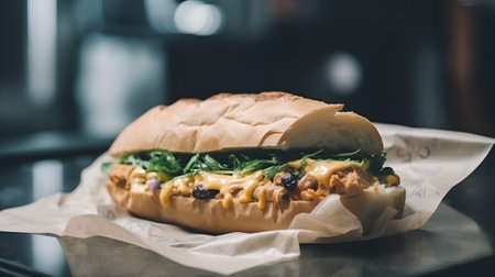 Sandwich with chicken, cheese, olives and arugulaの素材