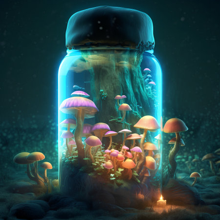 Mushrooms in a glass jar. 3D illustration. Fantasy.の素材