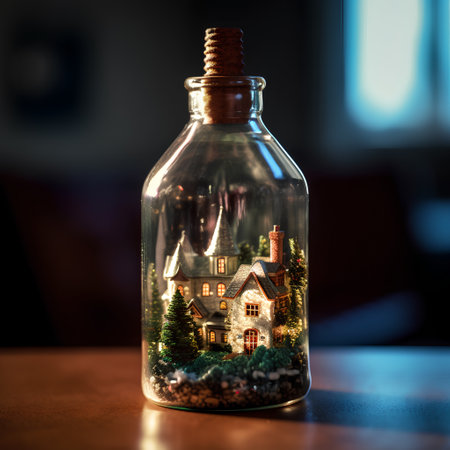 Small house in a glass bottle. 3D illustration. Selective focus.の素材