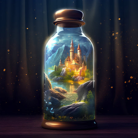 Magic fairy tale castle in a bottle. Fairy tale concept. 3D Renderingの素材