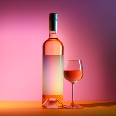 Wine bottle and glass on a pink background. 3d renderingの素材