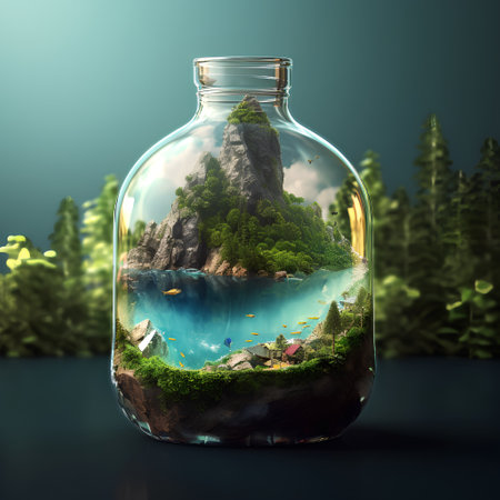 Mountain landscape in glass jar. 3d illustration. Nature conceptの素材