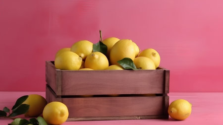 Ripe lemons in a wooden box on a pink background.の素材