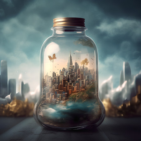 Cityscape in a glass jar on the road. 3d renderingの素材