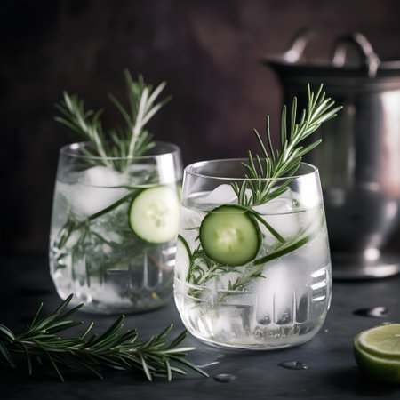Cucumber lemonade with rosemary and lime on dark backgroundの素材