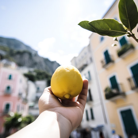 Lemon in hand on the background of the village of Cinque Terre, Italyの素材