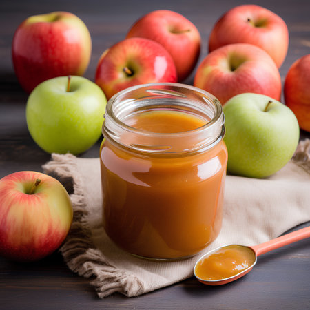 Homemade apple puree in a jar and fresh apples on wooden backgroundの素材