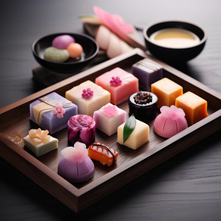 Japanese sweets on a wooden tray, close-up, selective focusの素材