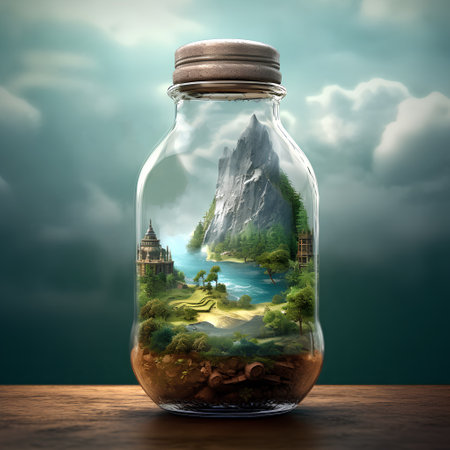 Glass jar with nature landscape in the sky. 3D Renderingの素材