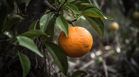 Orange fruit on the tree in the garden. Shallow depth of field.の素材