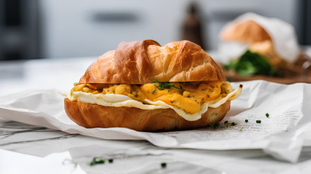 Croissant sandwich with scrambled eggs and cheese on white tableclothの素材