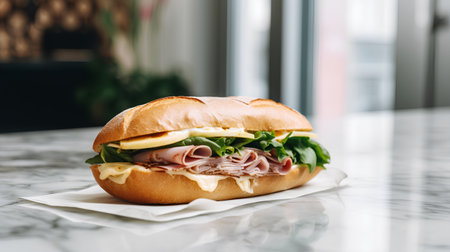 Sandwich with ham, cheese and lettucele table in cafeの素材