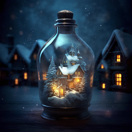 Small house in a magic bottle. Fairy tale concept. 3D Renderingの素材