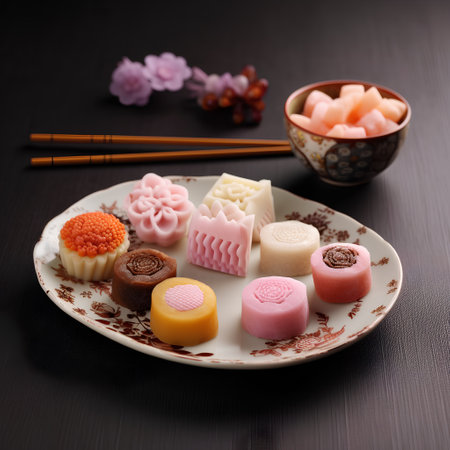 japanese confectionery on a plate on a wooden backgroundの素材